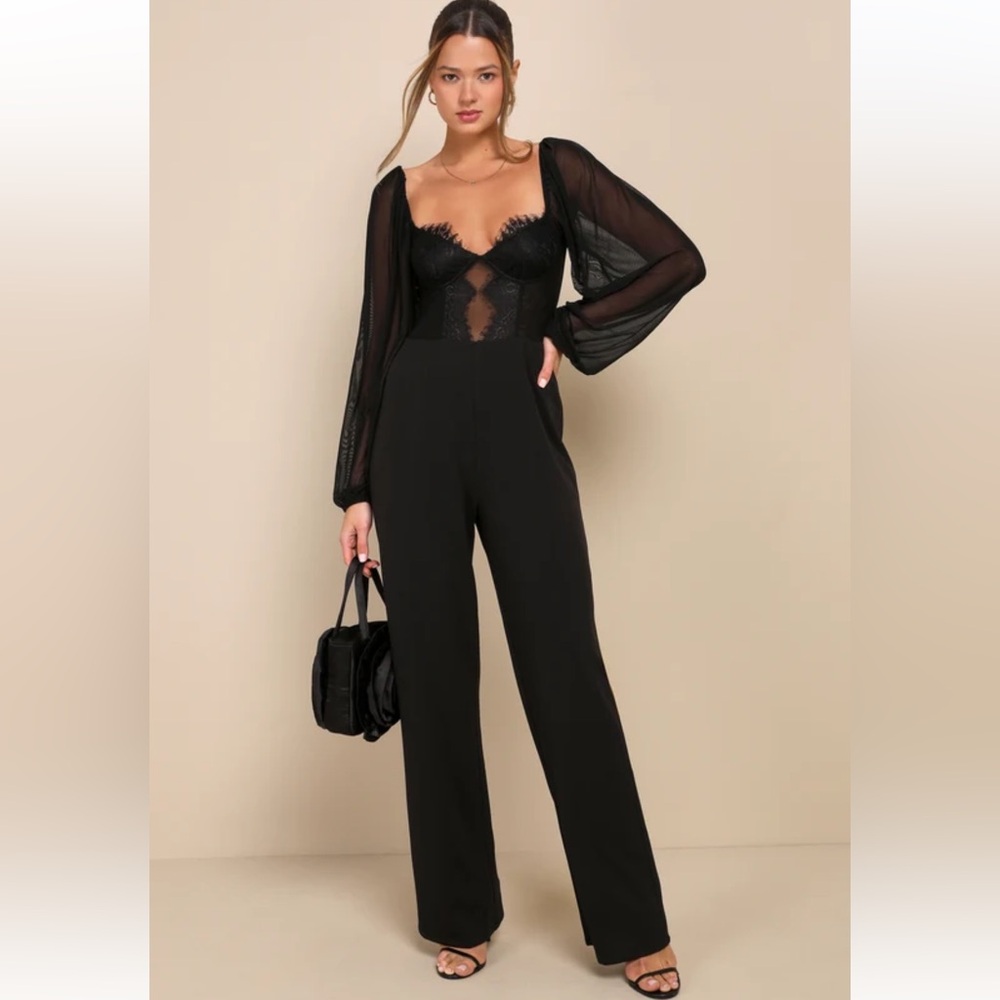 Lulu’s Elegant Black Sheer Corset Bustier Jumpsuit